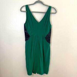 GREYLIN | emerald green silk cocktail party  dress with black sequence detail